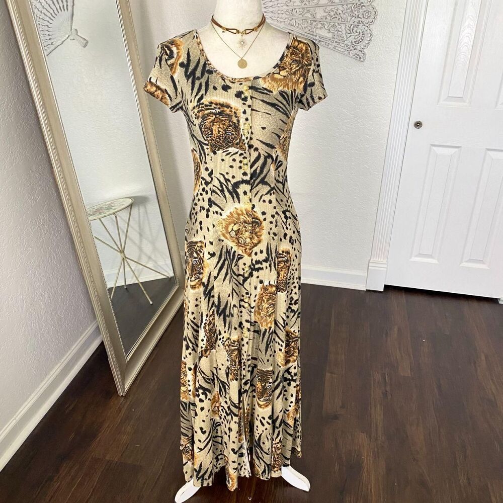 Vintage La Fete Ribbed Button Front Midi Dress Lion Tiger Portrait Print S - Picture 3 of 8